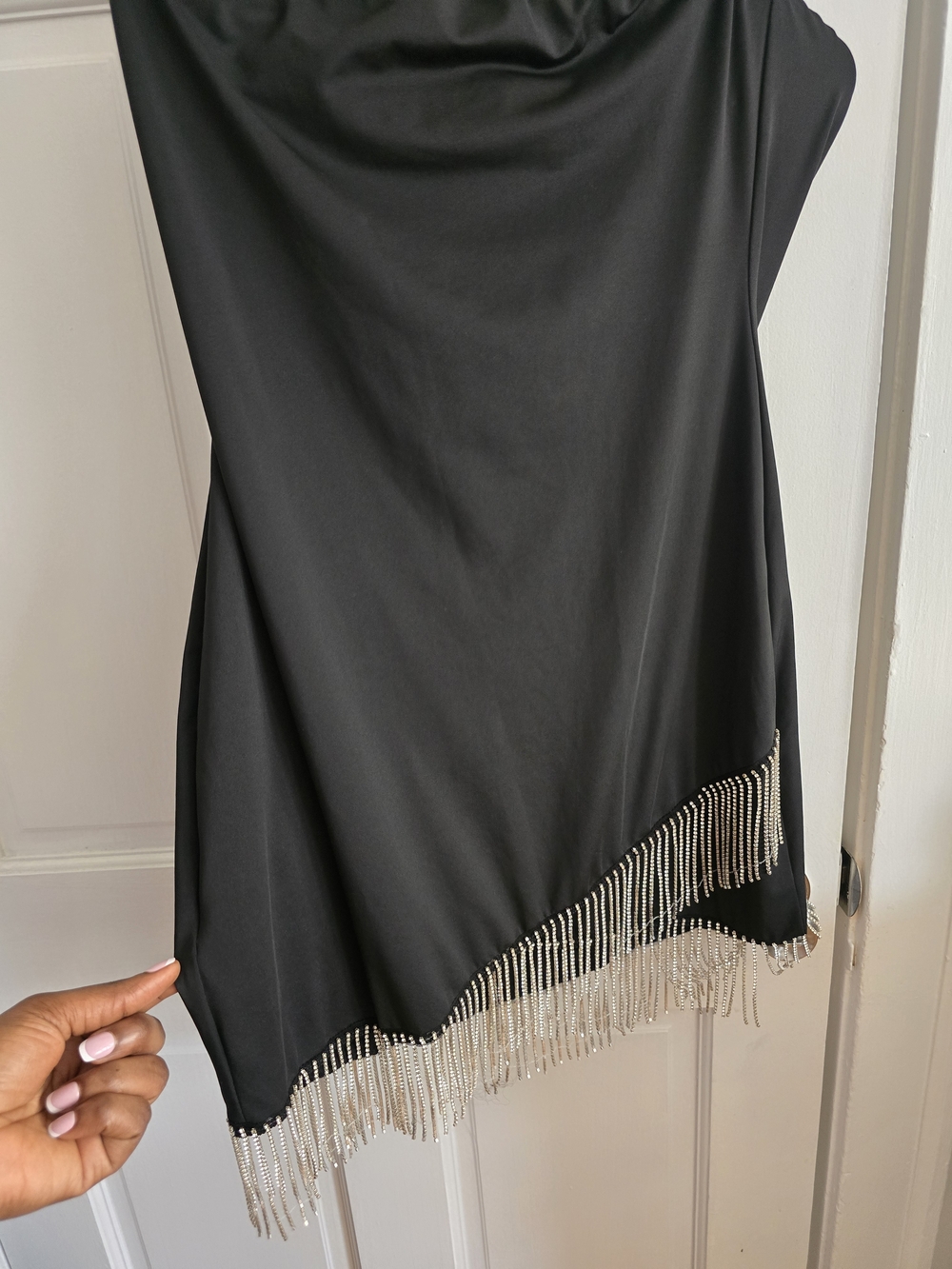 Black Slip Dress with Rhinestone Fringe